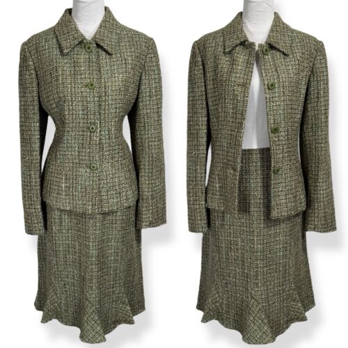 Emma & James Blazer Skirt Suit Set Size 14 Green Tweed Academia Business Party