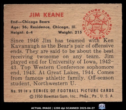 1950 Bowman #99 JIM KEANE Chicago Bears RC EX-MT - Picture 2 of 3