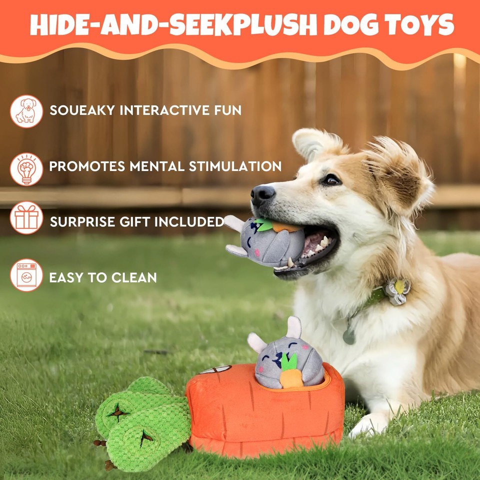 Globright Hide and Seek Squeaky Dog Plush Toy Carrot and Bunny Set, 4