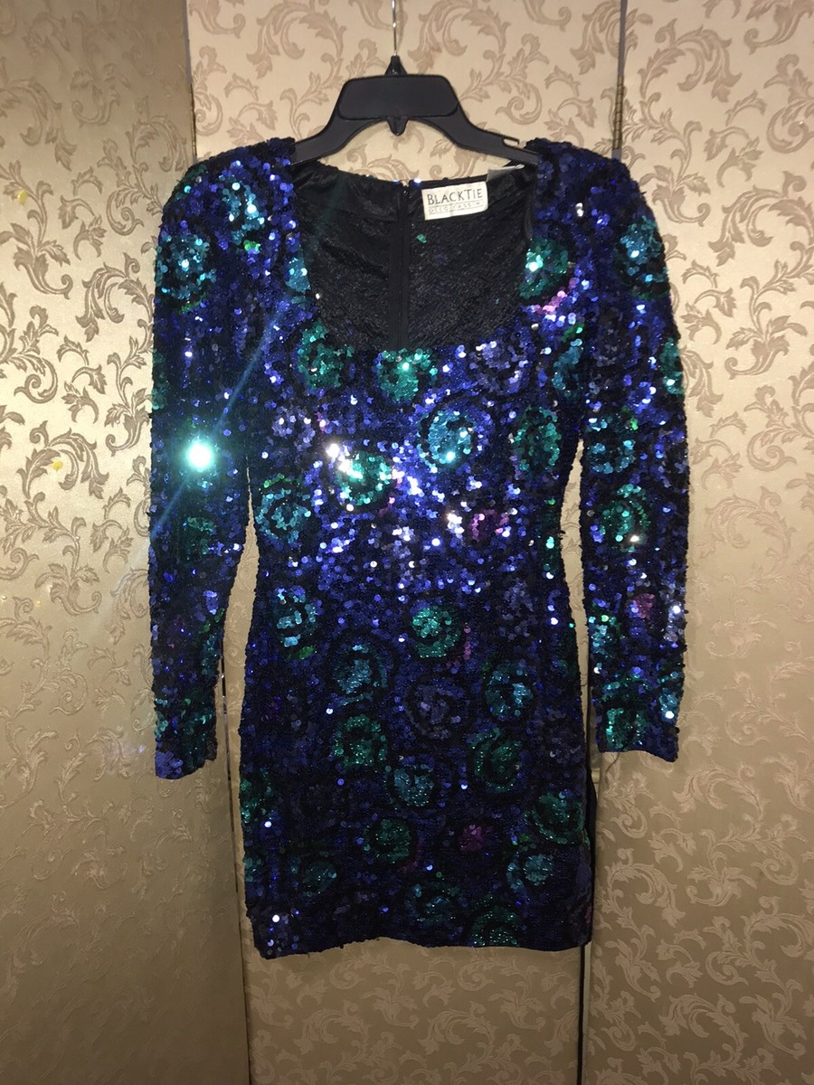 Oleg Cassini Black Tie Vintage Blue Green Sequin Sheath Mini Dress Size 8 4  2 | eBay