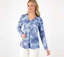 LOGO by Lori Goldstein Marble Dye Cotton Modal Cardigan Cobalt Blue M A605060
