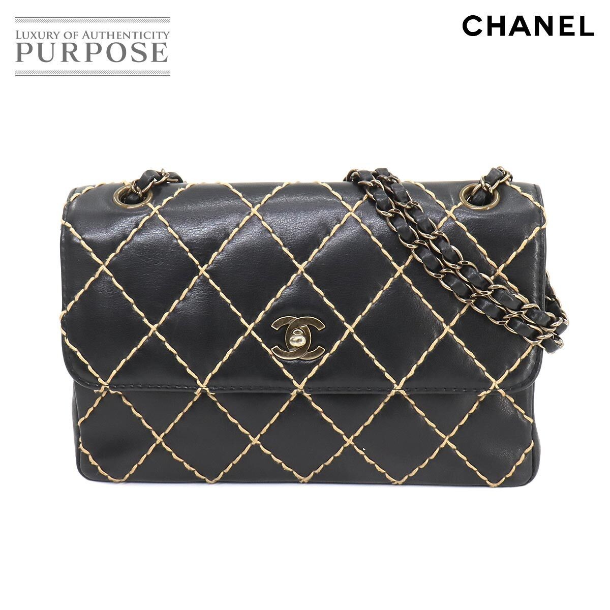 Vintage CHANEL Wild Stitch Chain Shoulder Bag in Black Leather