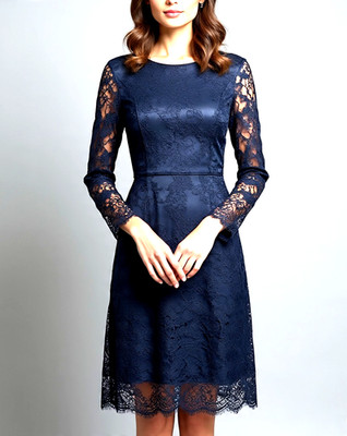 Women's Lace Lined Dress full Sleeves Boat Neck Evening Wedding Guest Party Wear