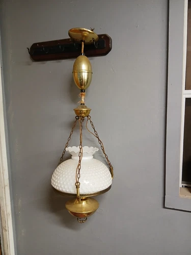 Vintage Hurricane Hobnail White Milk Glass Lamp Hanging Ceiling Chandelier Swag
