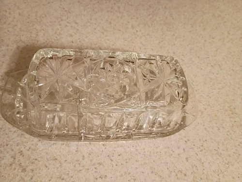 Vintage Anchor Hocking Starburst Cut Glass Butter Dish with Lid