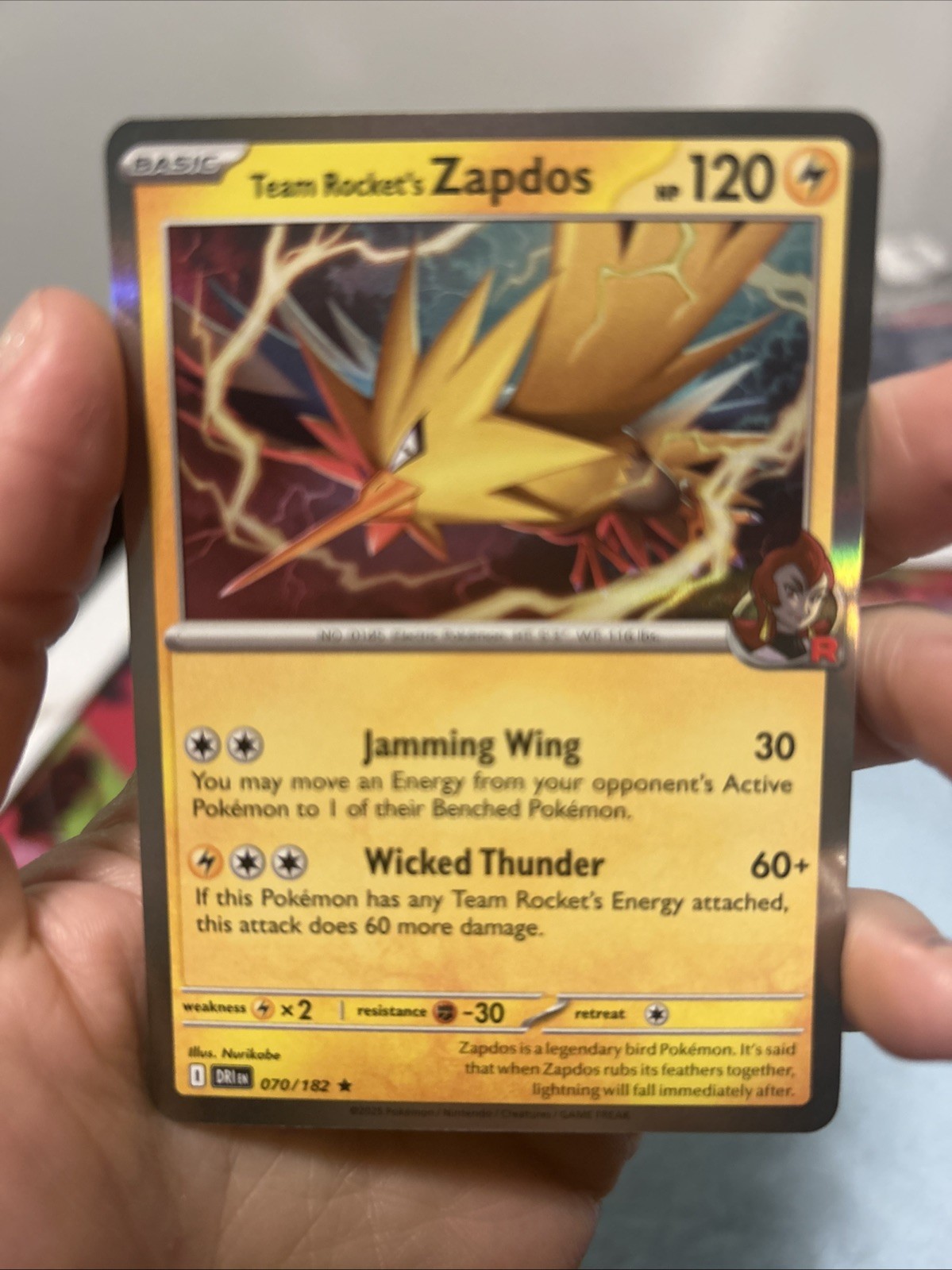 Team Rocket's Zapdos 70/182 Holo Rare - Pokemon TCG Destined Rivals NM