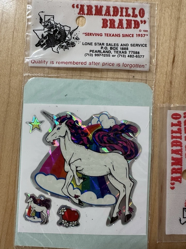 Vintage 80's 90s Armadillo Brand Prism JUMBO Unicorn Rainbow Sticker Lot Of 2 - Image 2 of 3