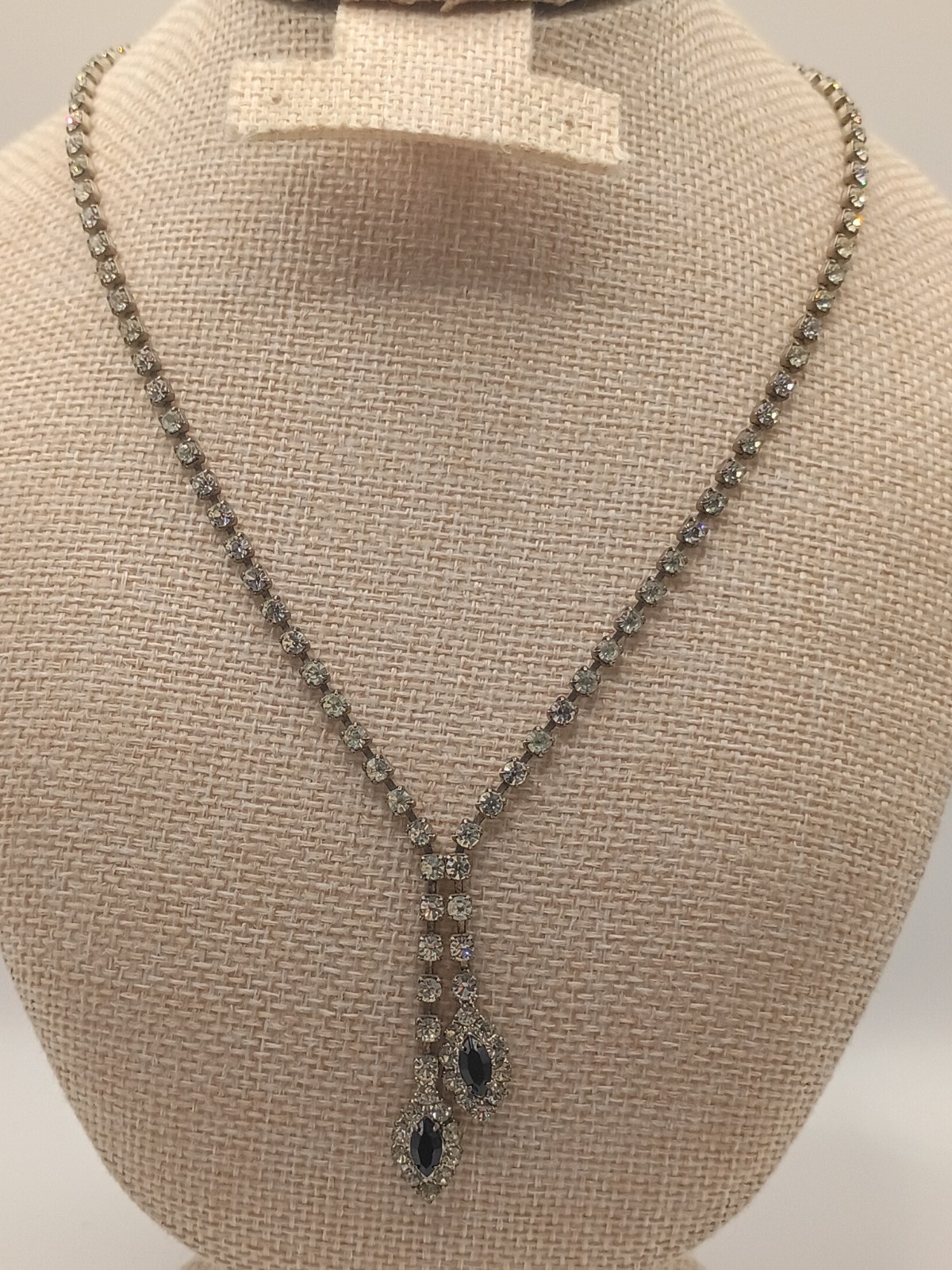 Vintage Crystal Rhinestone Necklace Riviere Black Teardrop Silver Tone Prom 16