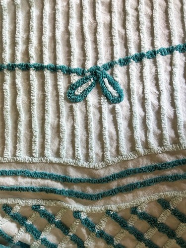 Vintage Plüsch Chenille Queen Tagesdecke 88 x 102 Meer Schaum Grün Korb Floral - Bild 11 von 12