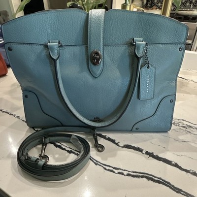 Coach Blue Pebbled Zip Satchel Top Handle Detachable Strap Hang Tag Gunmetal