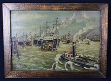 Malerei Gemälde Hafen Schiffe Ölbild Hamburg Landungsbrücken Signiert H. Bonnie