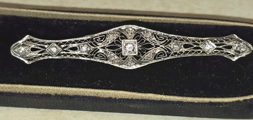 14kt White Yellow Gold, 13 Mine Cut European Diamonds Art Deco Bar Pin Jewelry