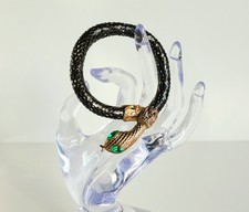 Vtg snake bracelet metal mesh wrap black gold rhinestone eyes