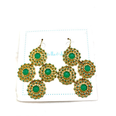 Stella & Dot Capri Chandelier Earrings Green Cabochon Gold Fringe Drop NWT