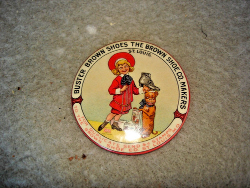 Buster Brown Shoe Pocket Mirror Tige Bulldog Cello 1910 era j.b. carroll chic.