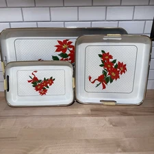 ARTMARK Vintage 1985 Lacquer Ware Tray Trio Poinsettia Hand Painted In Japan