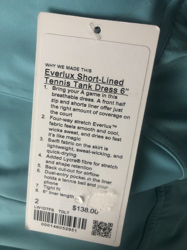 Lululemon Women's Everlux Short Lined Tennis Tank Dress Size 2 Color Teal Blue - Picture 3 of 6