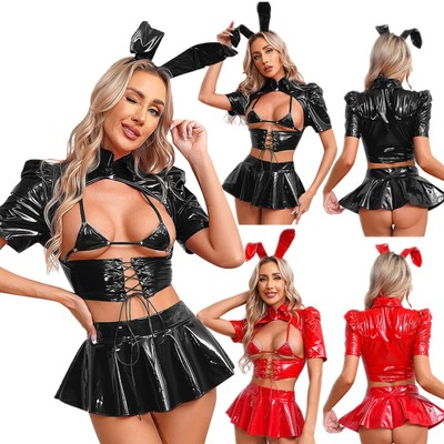 US Women's Dress Up Lace-up Crop Top And Skirt Cage Bunny Girls Outfit Push Up