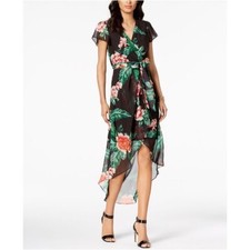 Floral Print High-Low Midi Wrap Dress