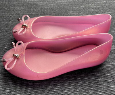 Mini Melissa Mel Slip On  Jelly Flats Pink W Gold Bow Girls Size 1 Gently Used