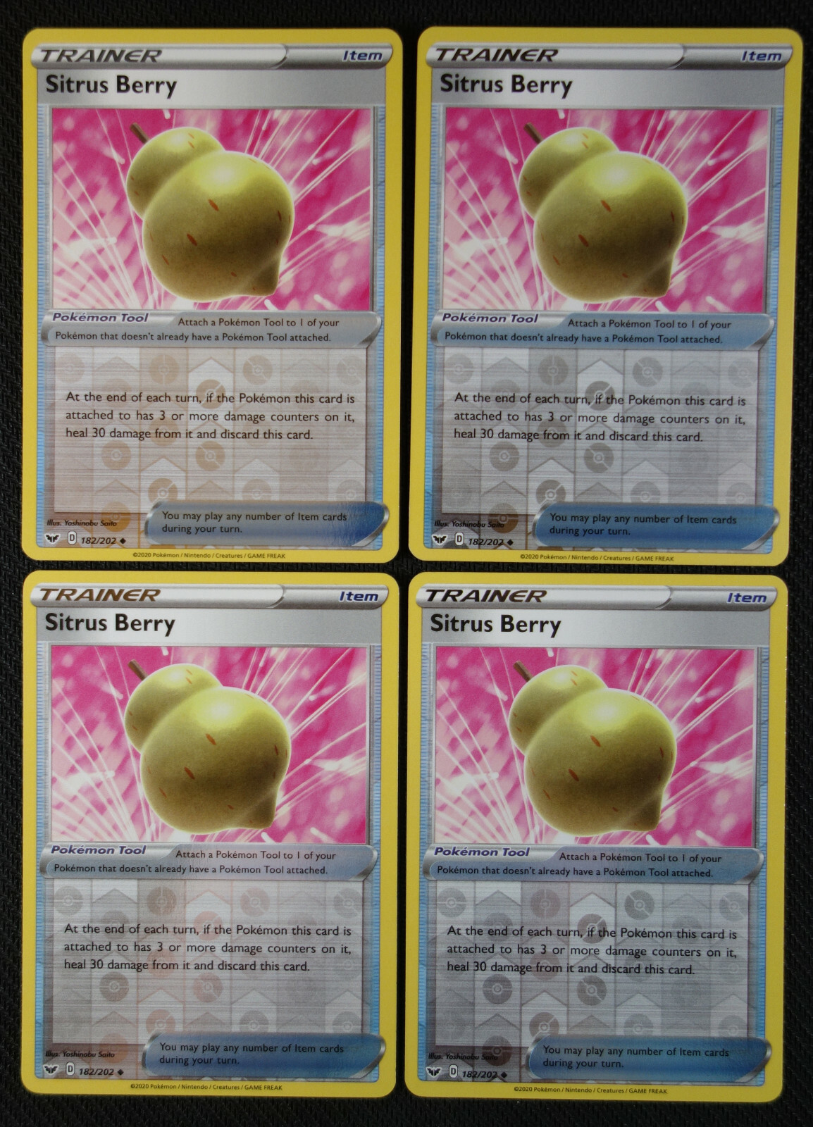 Pokemon Cards 4x Sitrus Berry 182/202 Reverse Holo Playset Sword & Shield NM/M