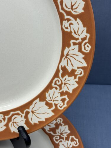 Dansk TUSCAN Terracotta Rim 10 3/4" DINNER PLATES White Leaves SET OF 2 - Picture 2 of 12