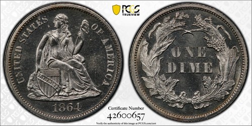1864 SEATED LIBERTY 10c - PCGS PR 64 - VERY PQ WITH LIGHT CAMEO CONTRAST - Picture 5 of 5