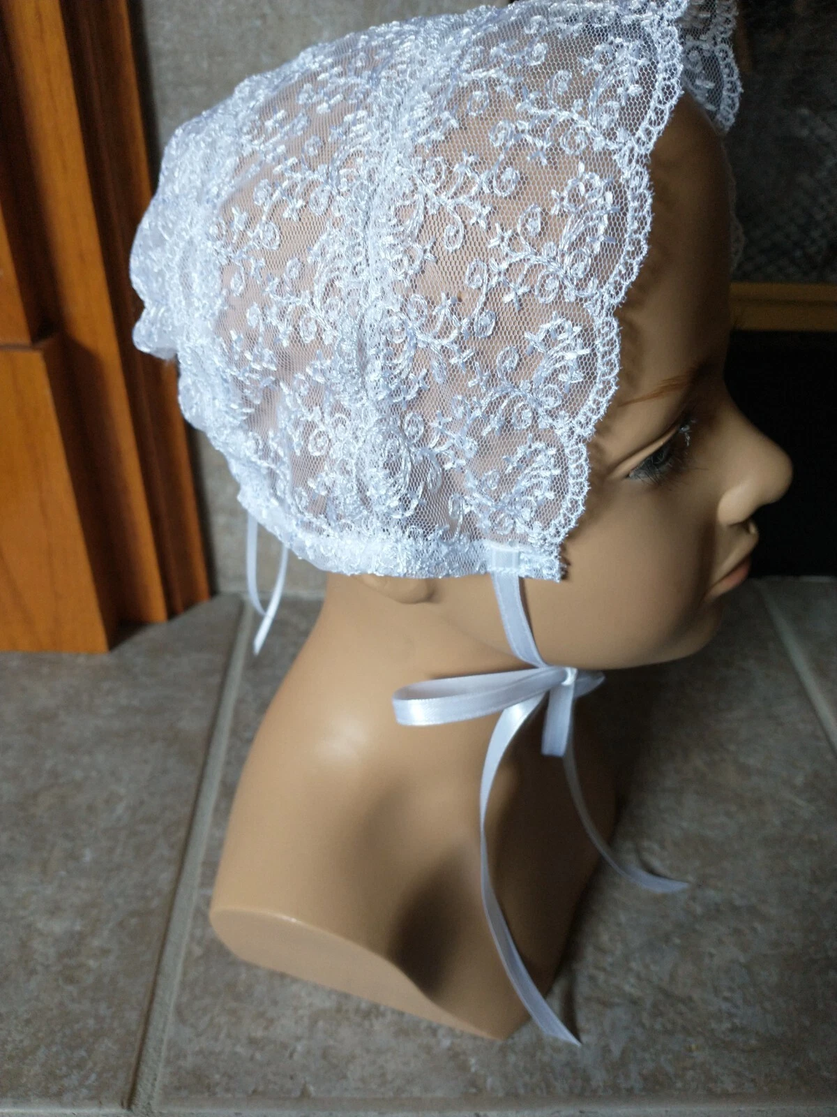 Baby Girls White Embroidered Lace Trim Christening Baptism Bonnet Size 0-24 M