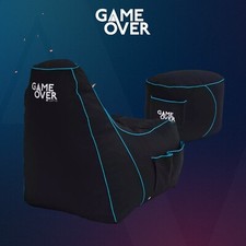 Game Over Blue Bean Bag Chair with Footstool Large High Back Gamer Beanbag Seat