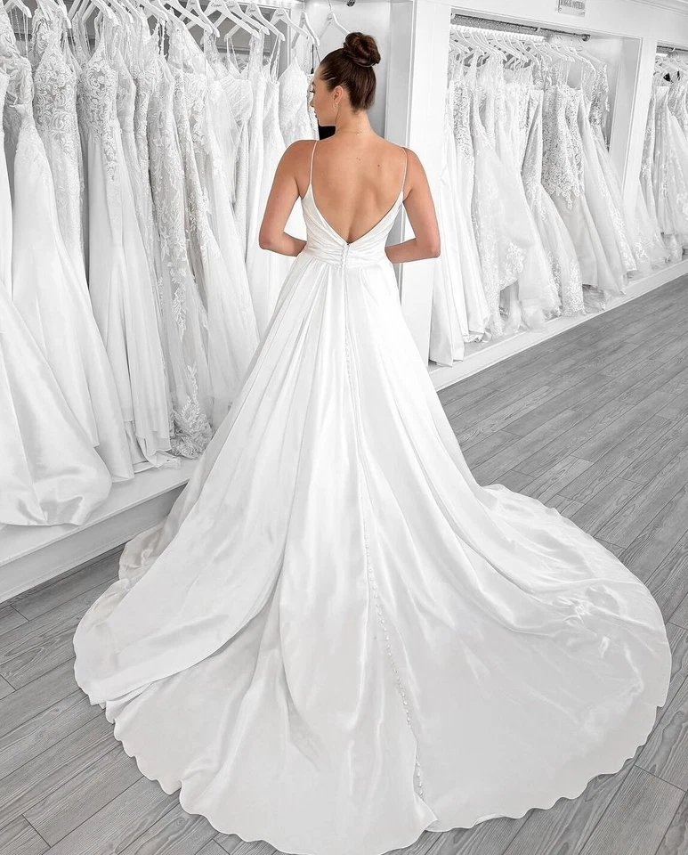 Beach Wedding Dresses With Slit Spaghetti Straps Backless Satin Bridal Gown - Image 3 of 4