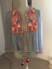 ZARA Striped blue Embroidered Jacket Blazer Shirt With Tassels Size XS