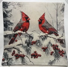 Cardinal Couple Birds Christmas Throw Pillow Cover Winter Holiday Home Decor 18”