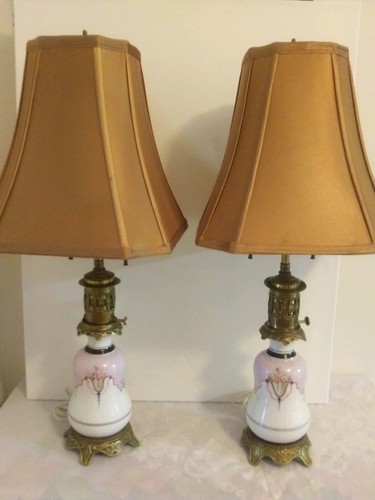 Awesome Pair Antique Victorian handpainting ceramic with Brass Lamps ( tall 26") - Picture 2 of 10