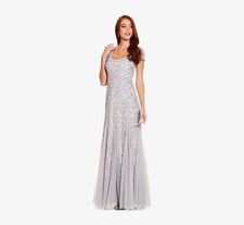 Long Beaded Dress with Cap Sleeves in Silver Mist