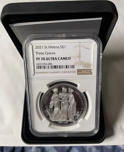 2021 St Helena Three Graces Silver Proof One Ounce 1oz NGC PF70. With Box COA