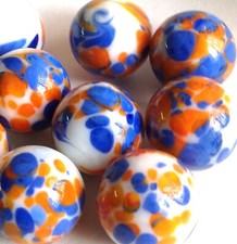 Glass Marbles 5/8" - 10 pcs Handmade White w/blue, orange  yellow spots