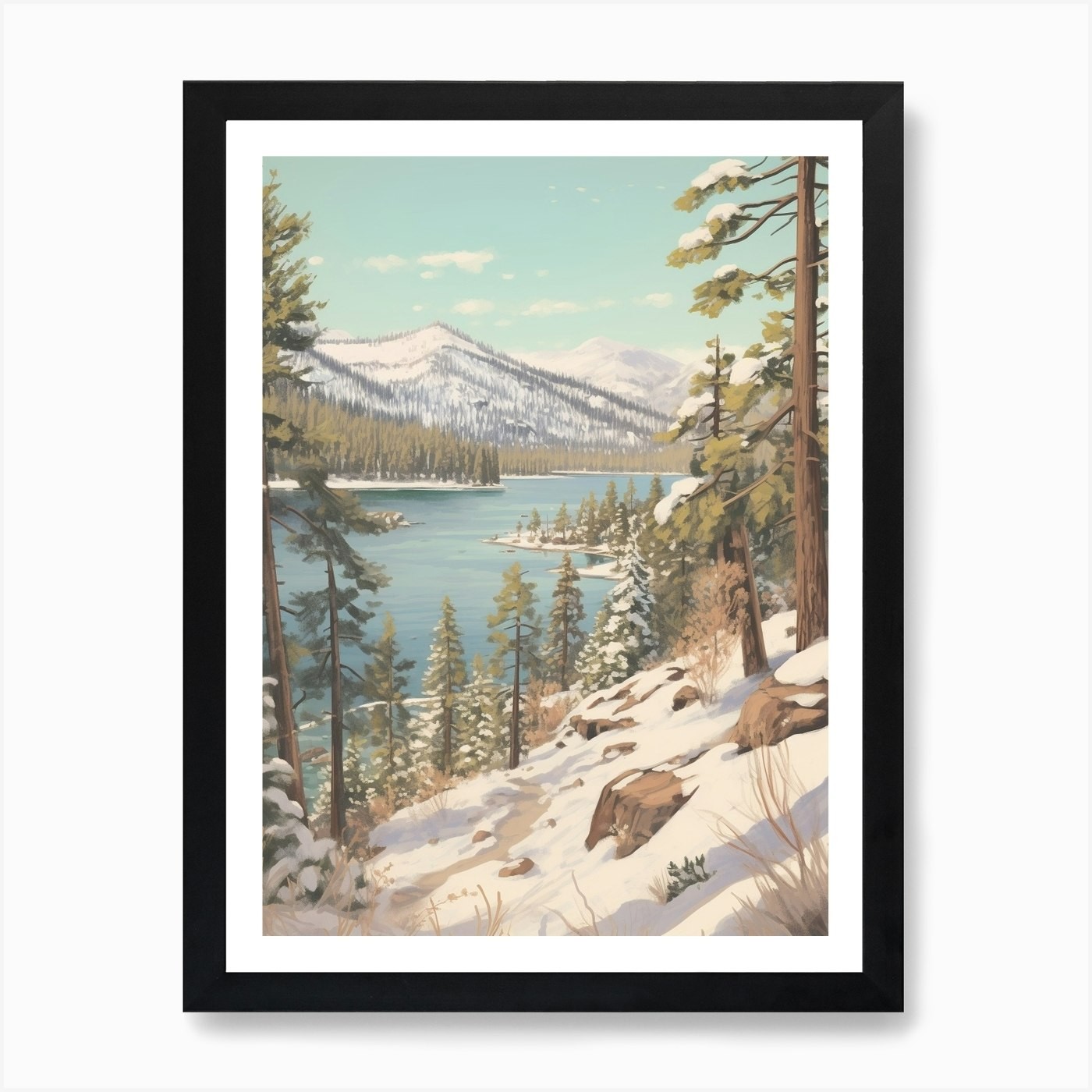 Vintage Winter Illustration Lake Ta Framed Wall Art Poster Canvas Print Picture
