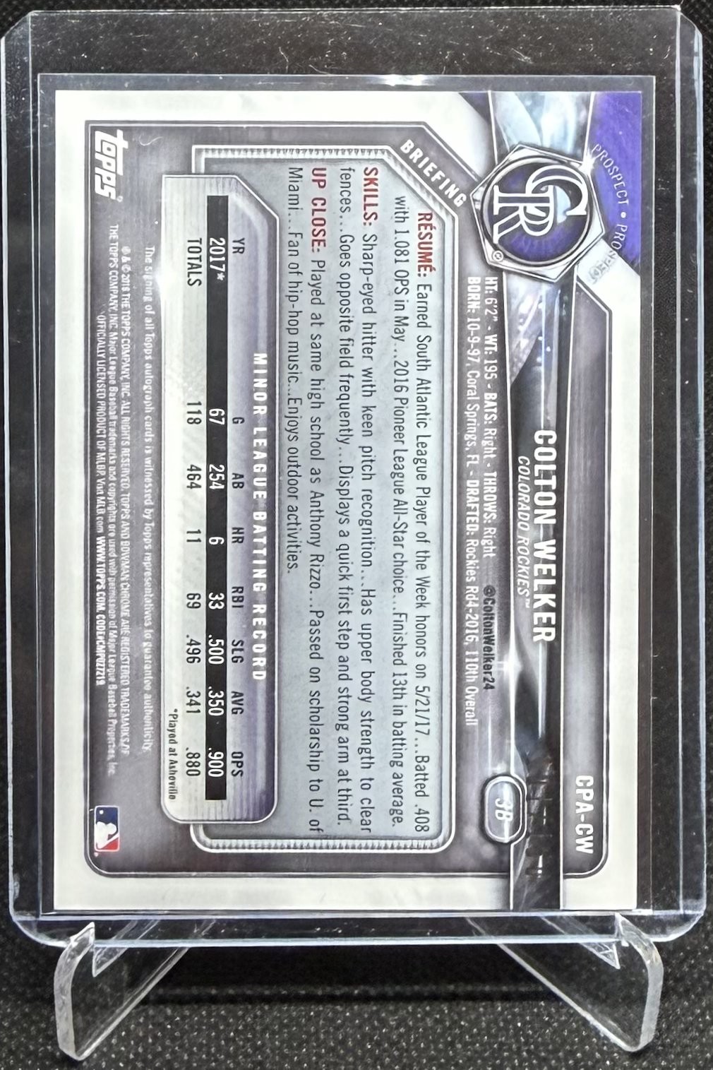 2018 Bowman Chrome Prospect Auto /150- Colton Welker #CPA-CW Blue Refractor view 2