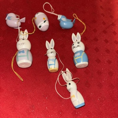 Wooden Ornaments Easter Bunny Rabbit Egg Bird Painted Small Tiny- Estate Find