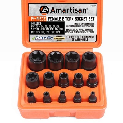 Amartisan 14 Pc Female E-Torx Star Socket Set/Rail, 1/4'' 3/8'' E4 - E24, Black