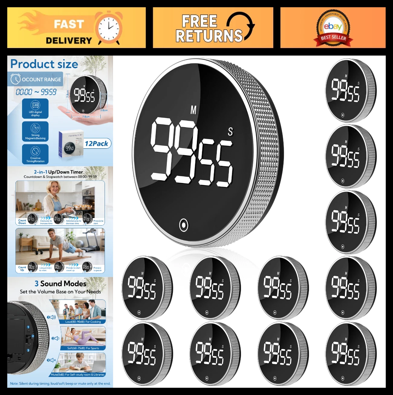 12 Pack Digital Kitchen Timer - Large LED Display, Magnetic, 3 Volumes, 2 Bright