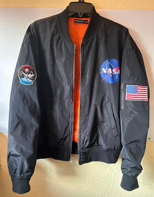 NASA Chemistry Mens Large Black Bomber Jacket Flight, USA Flag Patches, Classic