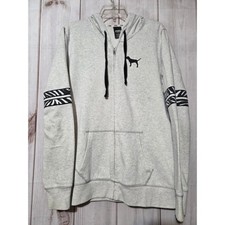 PINK Victoria's Secret Grey Zip Up Hoodie Dog Logo Athletic Stripes Size L
