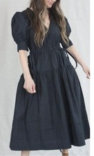 Ulla Johnson Navy Blue Imani Dress Tiered Midi Tie Waist Size 6 Poplin V Neck