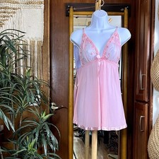 Pink Babydoll Chemise Dress L Sheer Lace Mesh Satin Bow Fairy Y2K Coquette Mini