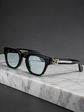 Chrome Hearts Black Square Sunglasses Blue Tint Lenses Silver Cross Detail
