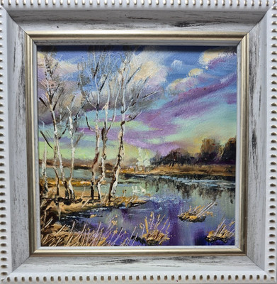 Spring forest, river, original oil painting in a frame. Landscape. 4x4 inches.