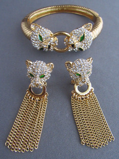 PENDIENTES BORLA PULSERA ESLABRA PANTERA DIAMANTES DE IMITACIÓN TONO DORADO VINTAGE