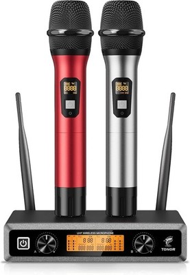 TONOR UHF Funkmikrofon Set 2 Handmikrofone Karaoke TW820 Silber Rot