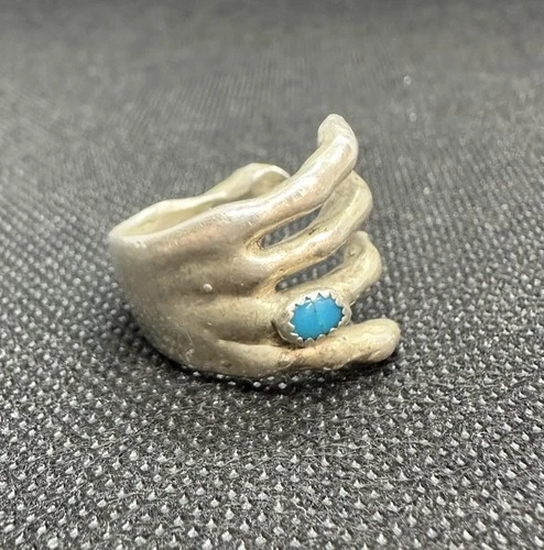 Vintage Handmade Skeleton Hand Native American Silver Turquoise Ring Size 6.5-7